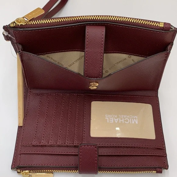 MICHAEL KORS LG DOUBLE ZIP WRISTLET DARK CHERRY MERLOT MULBERRY PHONE CASE NWT - Picture 9 of 16